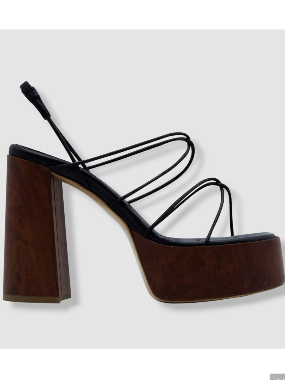 Gia Borghini Black Strappy Platform Sandal with Brown Wood Block Heel